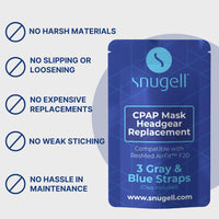 Snugell Replacement Straps for AirFit ResMed F20 Full Face CPAP Mask (3-Pack)–Clips Included–Elastic Nylon–Gray/Blue Color