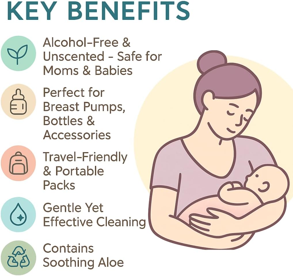 Snugell Breast Pump Cleaning Wipes – 10 Wipes per Sachet, 12 Sachets per Box – Alcohol-Free, Lint-Free, Unscented, Safe for Pump Parts, Shields, Bottles, and Accessories – Travel-Friendly