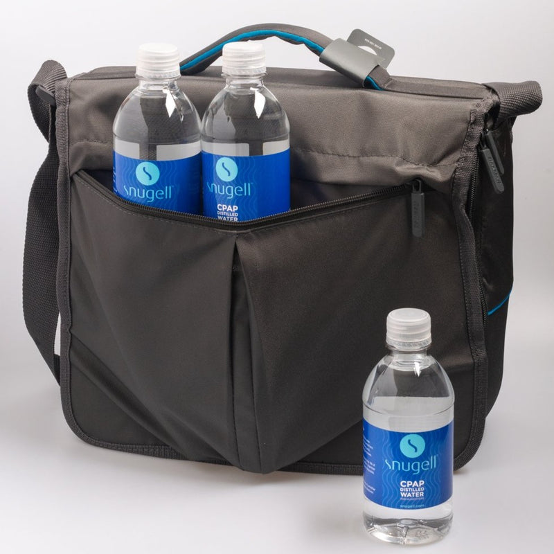 View of how the 12oz distilled water bottle by snugell and its convenient travel form