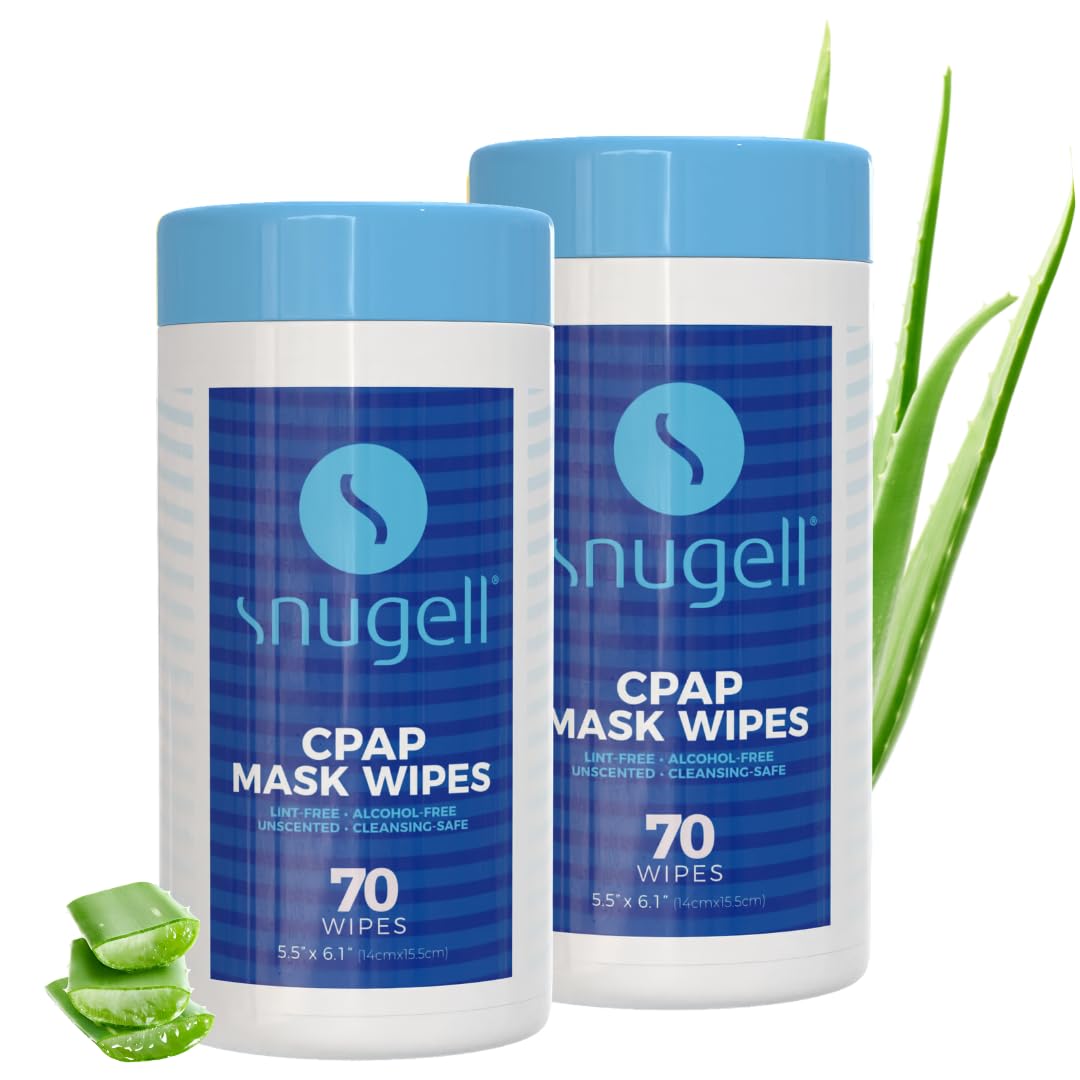 CPAP Mask Wipes by Snugell (70 Count) - 100% Soft Cotton - Lint & Alcohol Free - Skin Safe with Aloe Vera - Easy Opening Canister - For Cleaning CPAP Mask, Tube and Devices