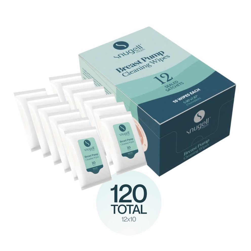 Snugell Breast Pump Cleaning Wipes – 10 Wipes per Sachet, 12 Sachets per Box – Alcohol-Free, Lint-Free, Unscented, Safe for Pump Parts, Shields, Bottles, and Accessories – Travel-Friendly