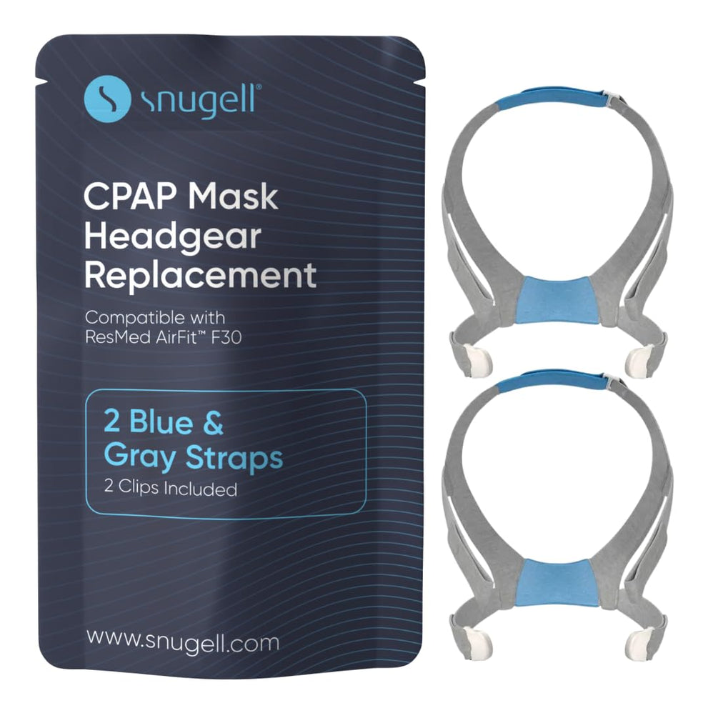 Snugell CPAP Strap Replacement for Airfit ResMed F30 Headgear Full Face Mask – 2-Pack Gray/Blue– Includes Clips