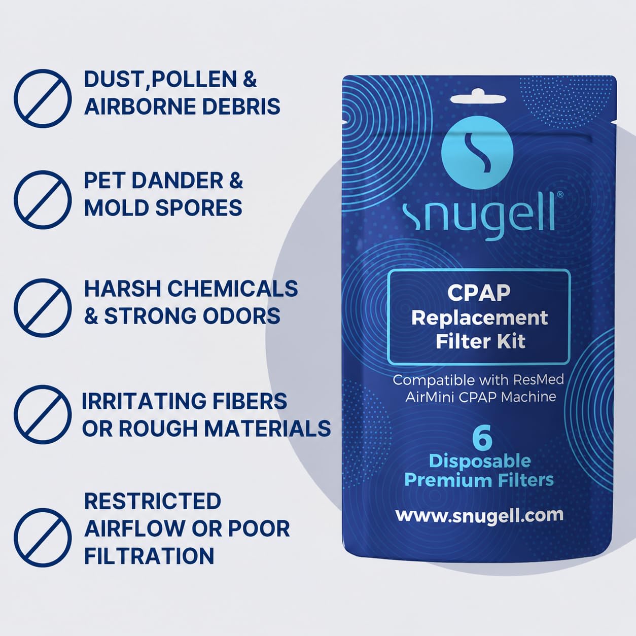 Snugell CPAP Filter - Compatible with ResMed AirMini - Perfect for travel and home use - Easy to install, enhances air filtration, and ensures cleaner air - Available in 6-Pack and 30-Pack