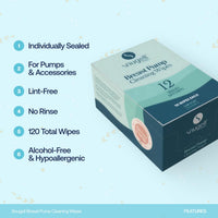 Snugell Breast Pump Cleaning Wipes – 10 Wipes per Sachet, 12 Sachets per Box – Alcohol-Free, Lint-Free, Unscented, Safe for Pump Parts, Shields, Bottles, and Accessories – Travel-Friendly