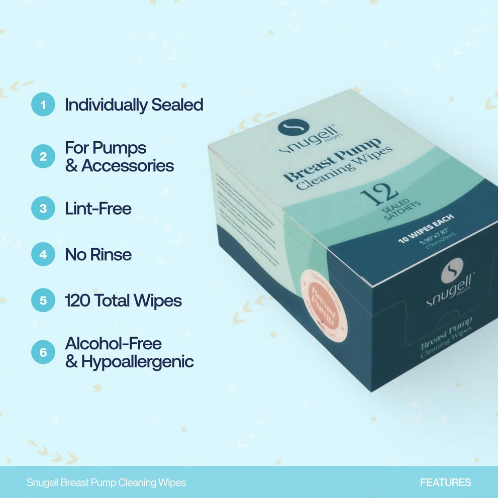 Snugell Breast Pump Cleaning Wipes – 10 Wipes per Sachet, 12 Sachets per Box – Alcohol-Free, Lint-Free, Unscented, Safe for Pump Parts, Shields, Bottles, and Accessories – Travel-Friendly