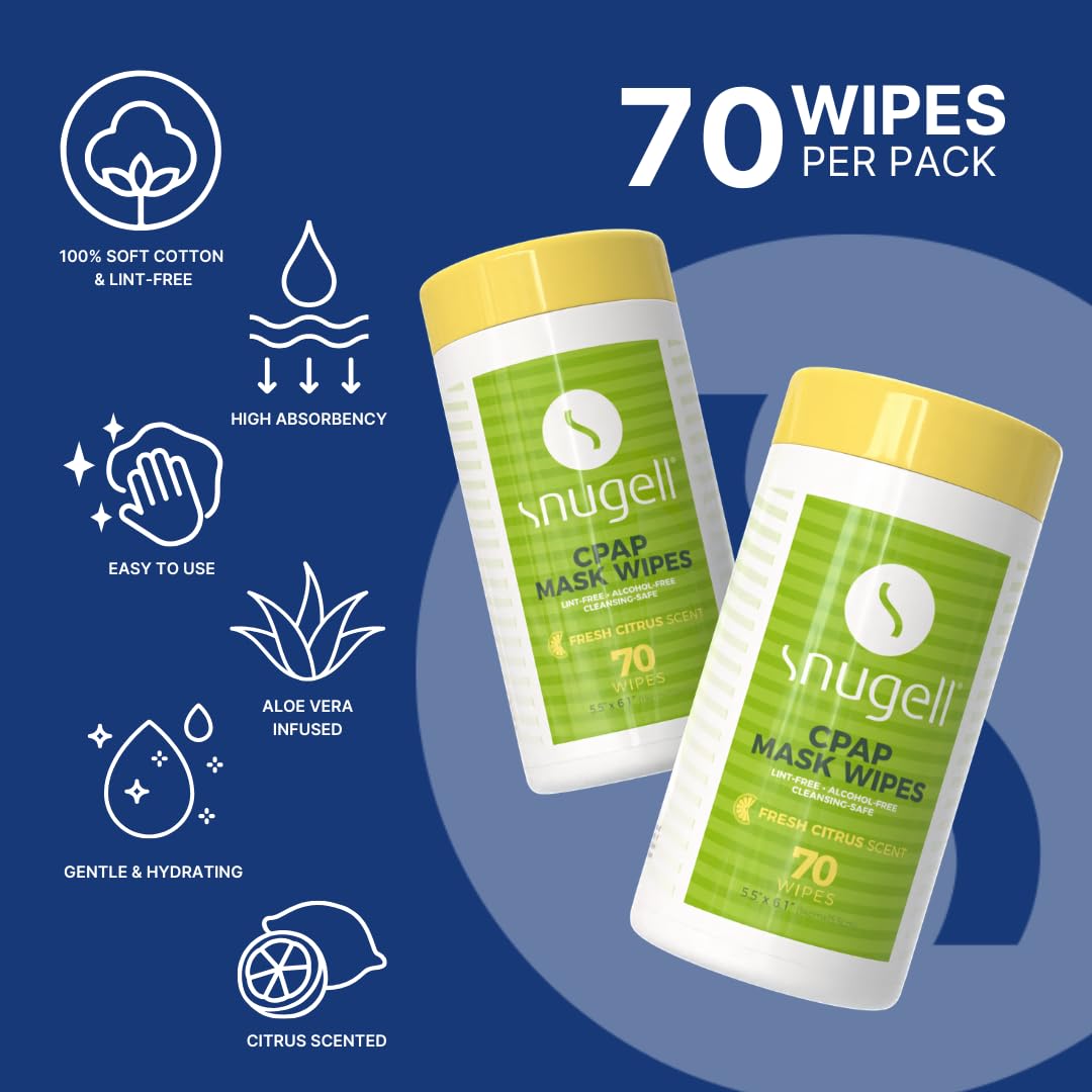 CPAP Mask Wipes by Snugell (70 Count) - 100% Soft Cotton - Lint & Alcohol Free - Skin Safe with Aloe Vera - Easy Opening Canister - For Cleaning CPAP Mask, Tube and Devices