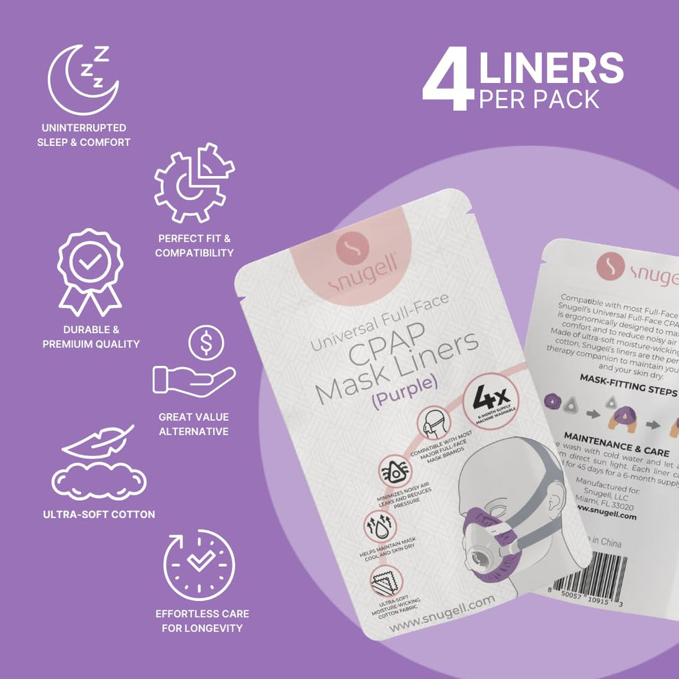 Snugell CPAP Mask Liners Full-Face (4-Pack) – Purple – Soft Cotton Fabric CPAP Skin Protector for Universal Fit