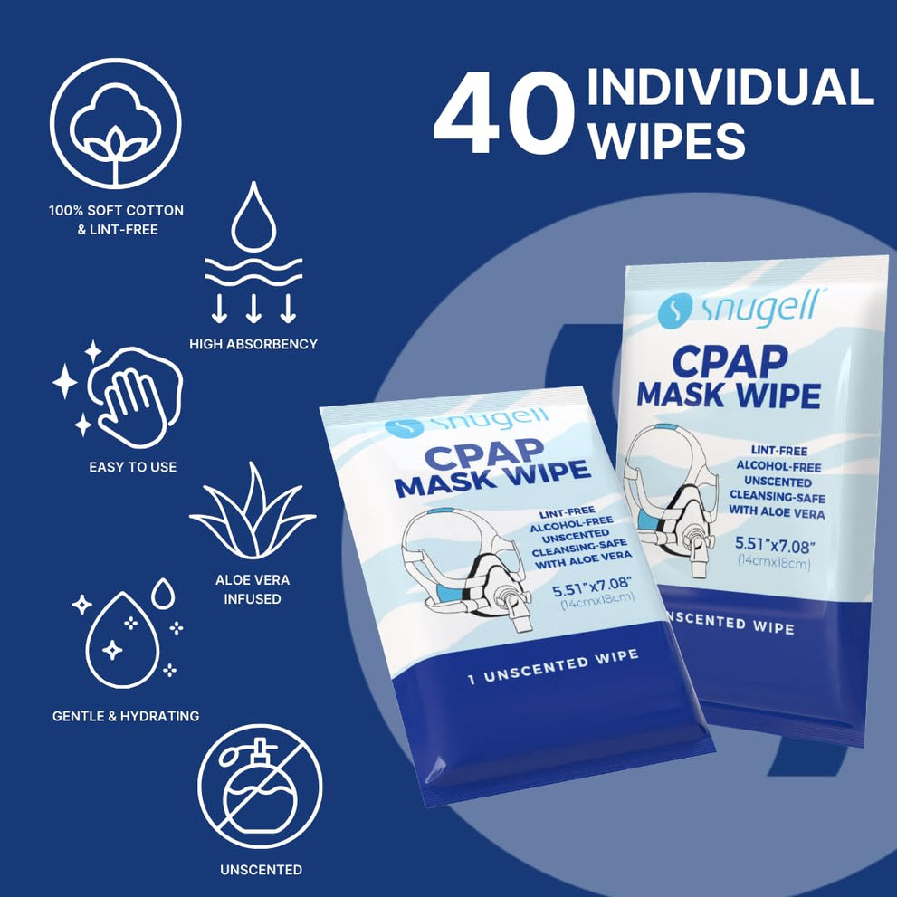 Snugell Unscented Individual CPAP Mask Wipes – Travel-Friendly 40-Pack– Lint & Alcohol-Free,Skin-Safe with Aloe Vera