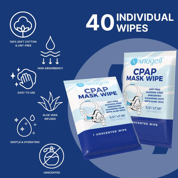 Snugell Unscented Individual CPAP Mask Wipes – Travel-Friendly 40-Pack– Lint & Alcohol-Free,Skin-Safe with Aloe Vera