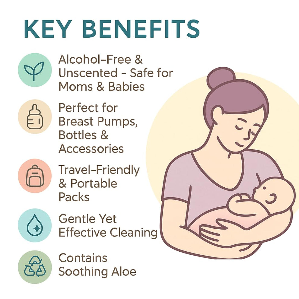 Snugell Breast Pump Cleaning Wipes – 10 Wipes per Sachet, 12 Sachets per Box – Alcohol-Free, Lint-Free, Unscented, Safe for Pump Parts, Shields, Bottles, and Accessories – Travel-Friendly