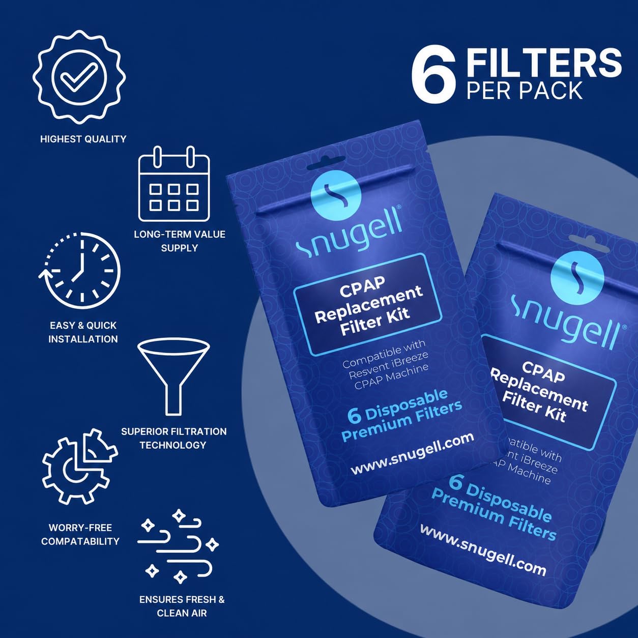 Snugell Resvent iBreeze CPAP Filters – 6-Pack and 12-Pack – Made in USA– Ultra-Fine, Durable, Travel-Friendly & Ideal for Home Use– Replace Bi-Weekly for Consistent Filtration and Optimal CPAP Machine Performance