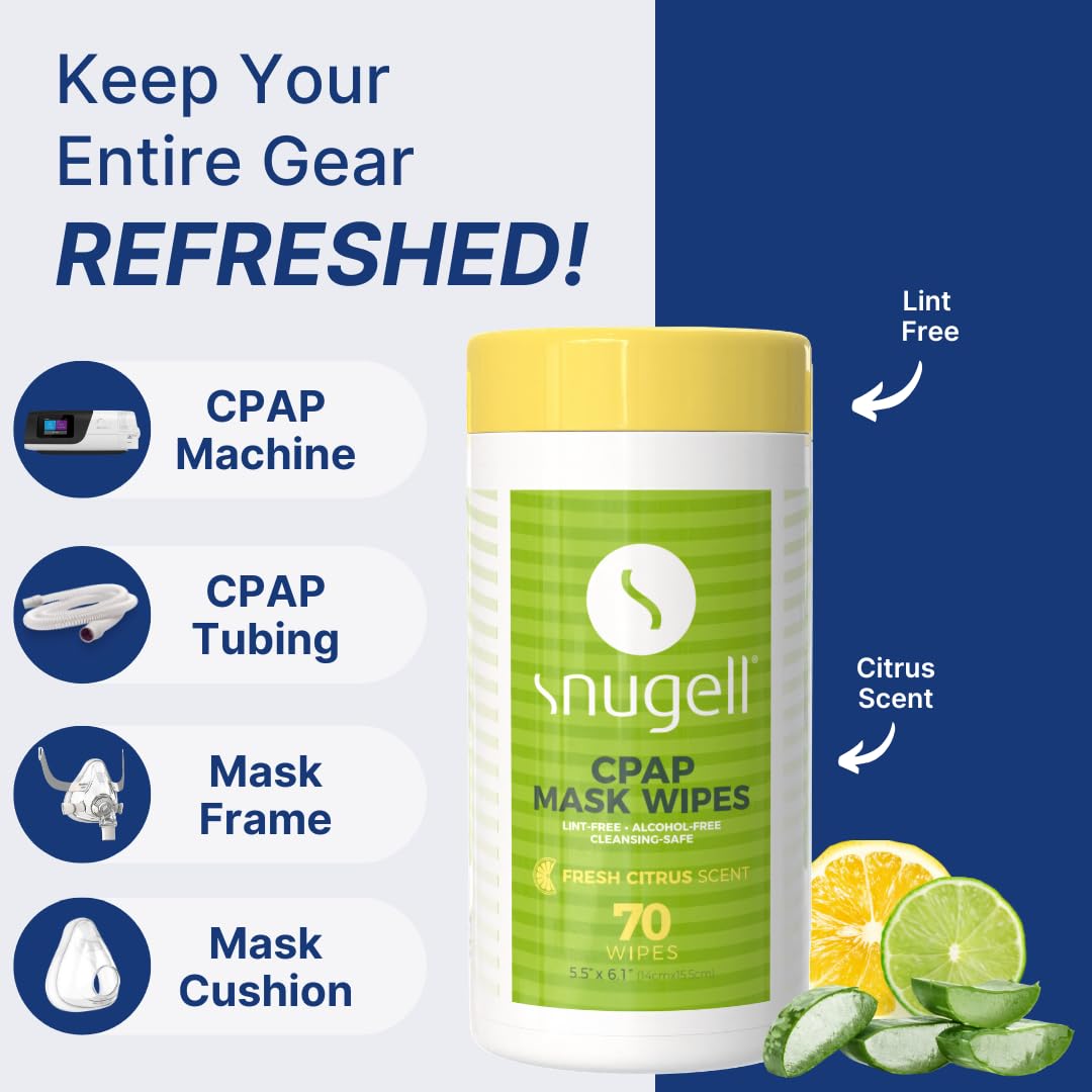 CPAP Mask Wipes by Snugell (70 Count) - 100% Soft Cotton - Lint & Alcohol Free - Skin Safe with Aloe Vera - Easy Opening Canister - For Cleaning CPAP Mask, Tube and Devices