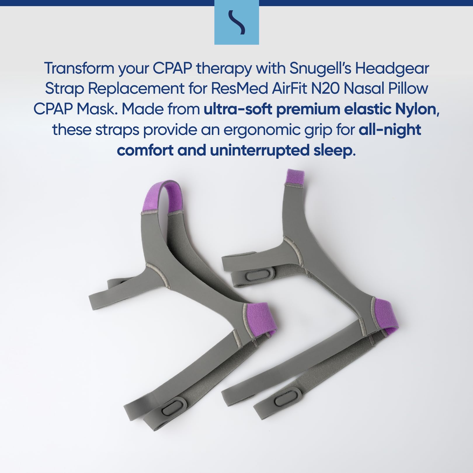 Replacement Straps for AirFit ResMed N20 CPAP Mask (2-Pack) - Purple and Gray - Standard & Large