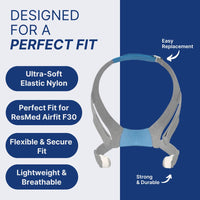 Snugell CPAP Strap Replacement for Airfit ResMed F30 Headgear Full Face Mask – 2-Pack Gray/Blue– Includes Clips