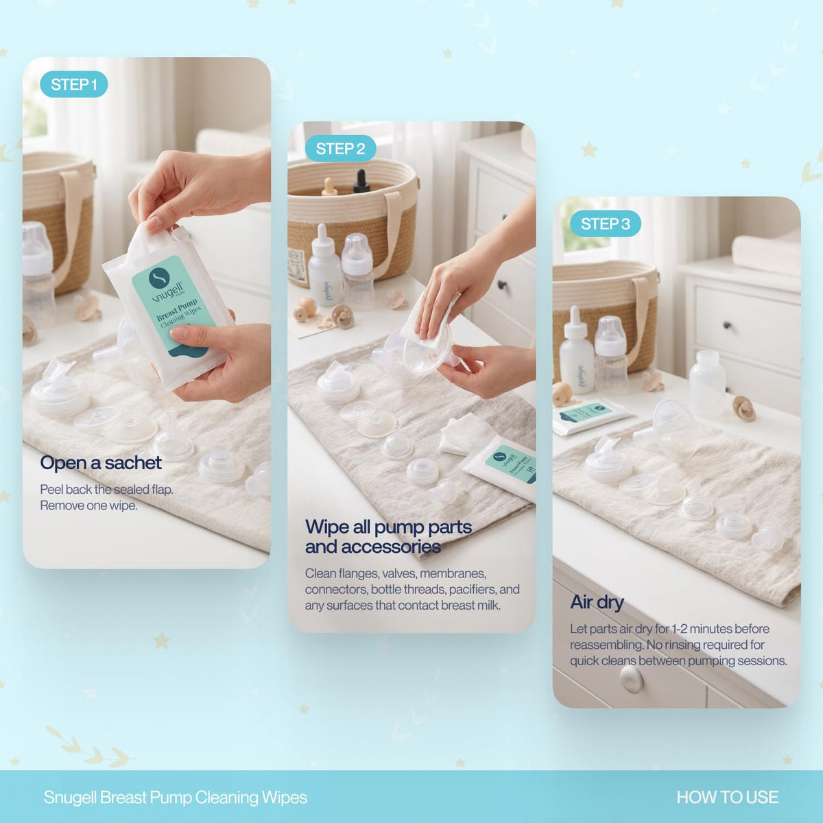 Snugell Breast Pump Cleaning Wipes – 10 Wipes per Sachet, 12 Sachets per Box – Alcohol-Free, Lint-Free, Unscented, Safe for Pump Parts, Shields, Bottles, and Accessories – Travel-Friendly