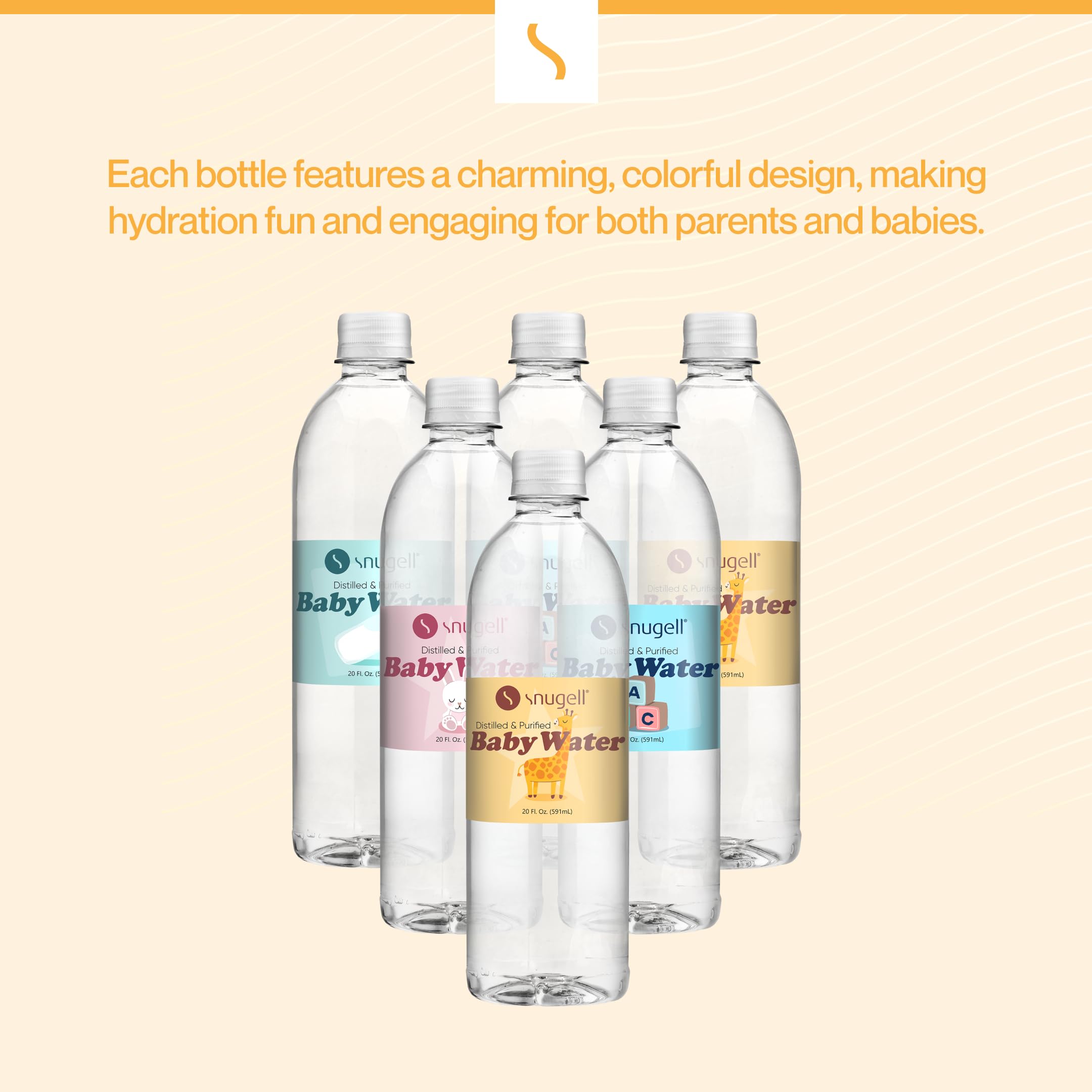 Snugell Bottled Distilled Water for Baby Care – Ultra-Pure, BPA-Free, Ideal for Formula Mixing, Bottle Sterilizing & Everyday Hydration – Safe Nursery Water for Babies – Made in USA (20oz 6-Pack)