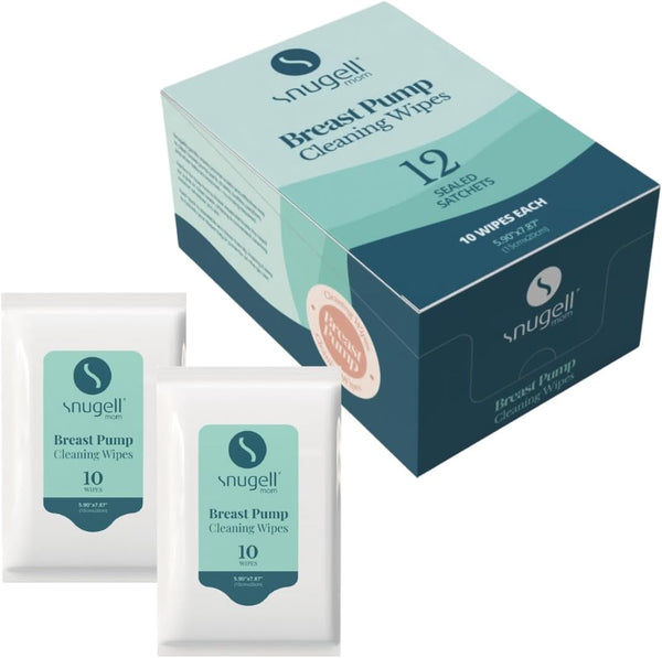 Snugell Breast Pump Cleaning Wipes – 10 Wipes per Sachet, 12 Sachets per Box – Alcohol-Free, Lint-Free, Unscented, Safe for Pump Parts, Shields, Bottles, and Accessories – Travel-Friendly