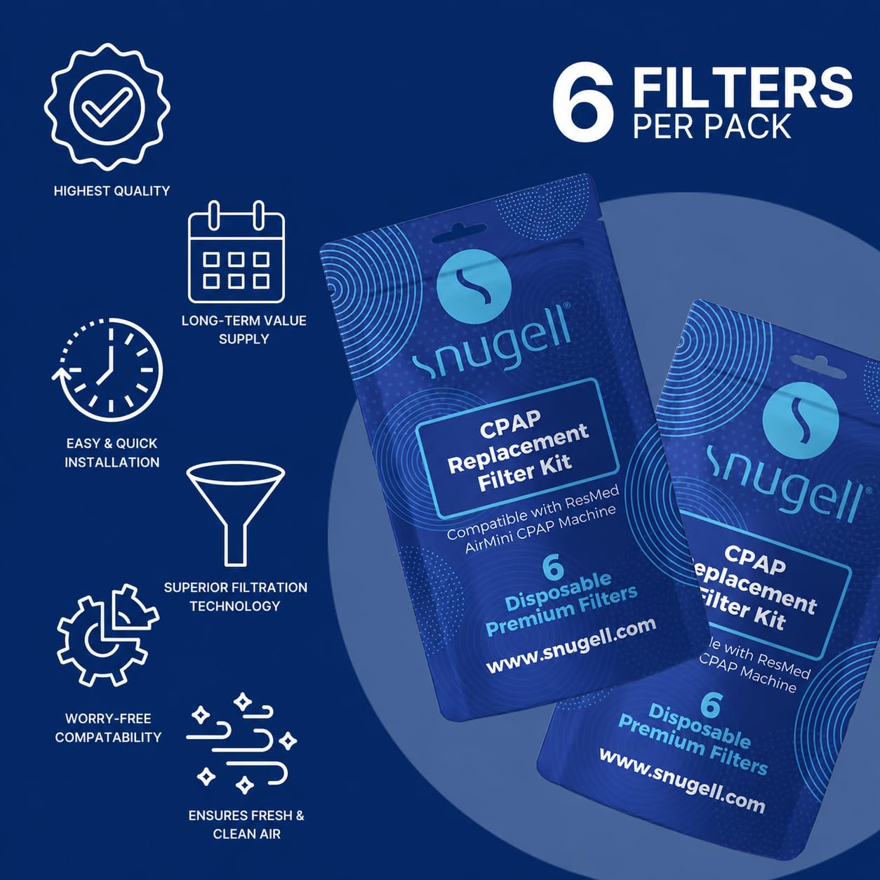 Snugell CPAP Filter - Compatible with ResMed AirMini - Perfect for travel and home use - Easy to install, enhances air filtration, and ensures cleaner air - Available in 6-Pack and 30-Pack