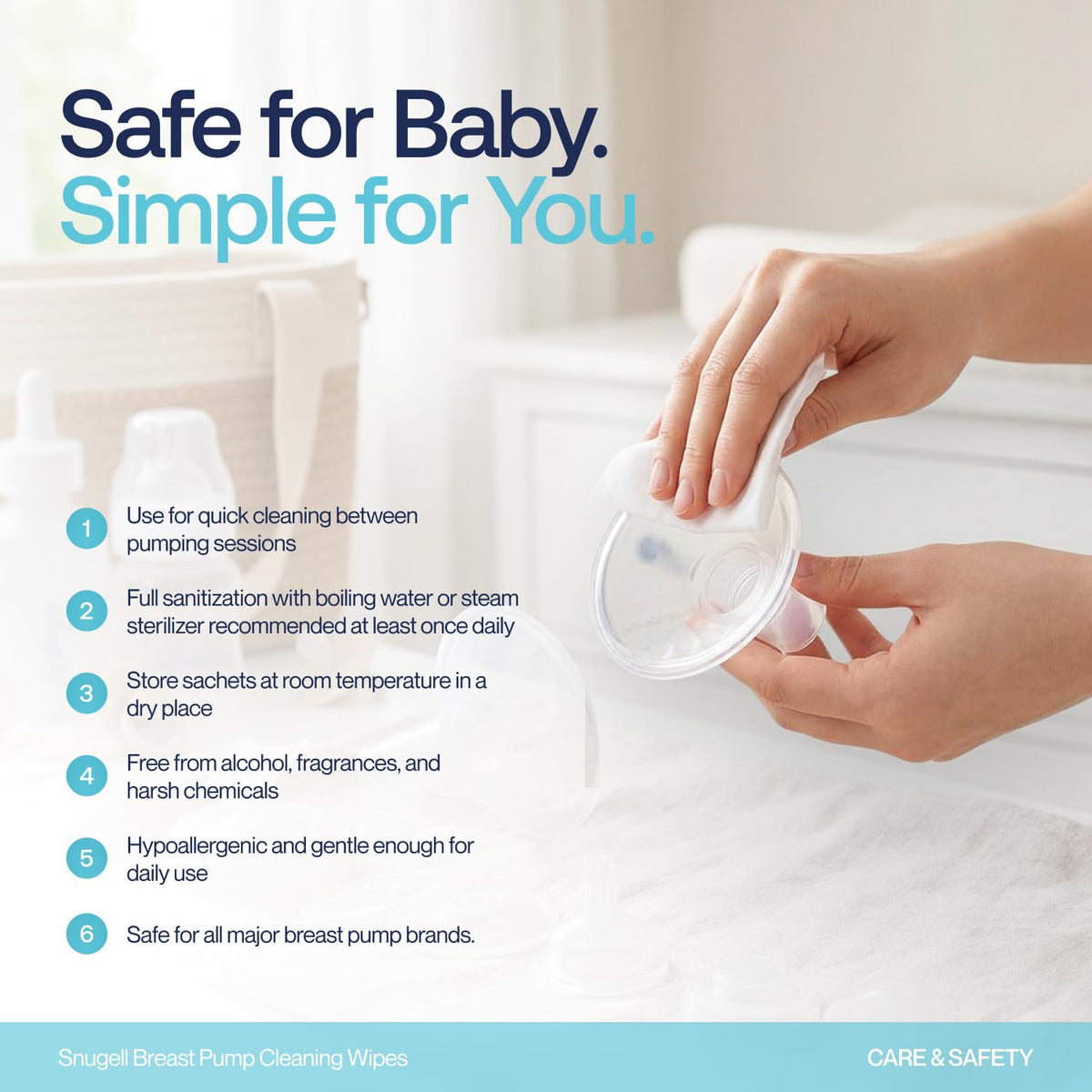 Snugell Breast Pump Cleaning Wipes – 10 Wipes per Sachet, 12 Sachets per Box – Alcohol-Free, Lint-Free, Unscented, Safe for Pump Parts, Shields, Bottles, and Accessories – Travel-Friendly