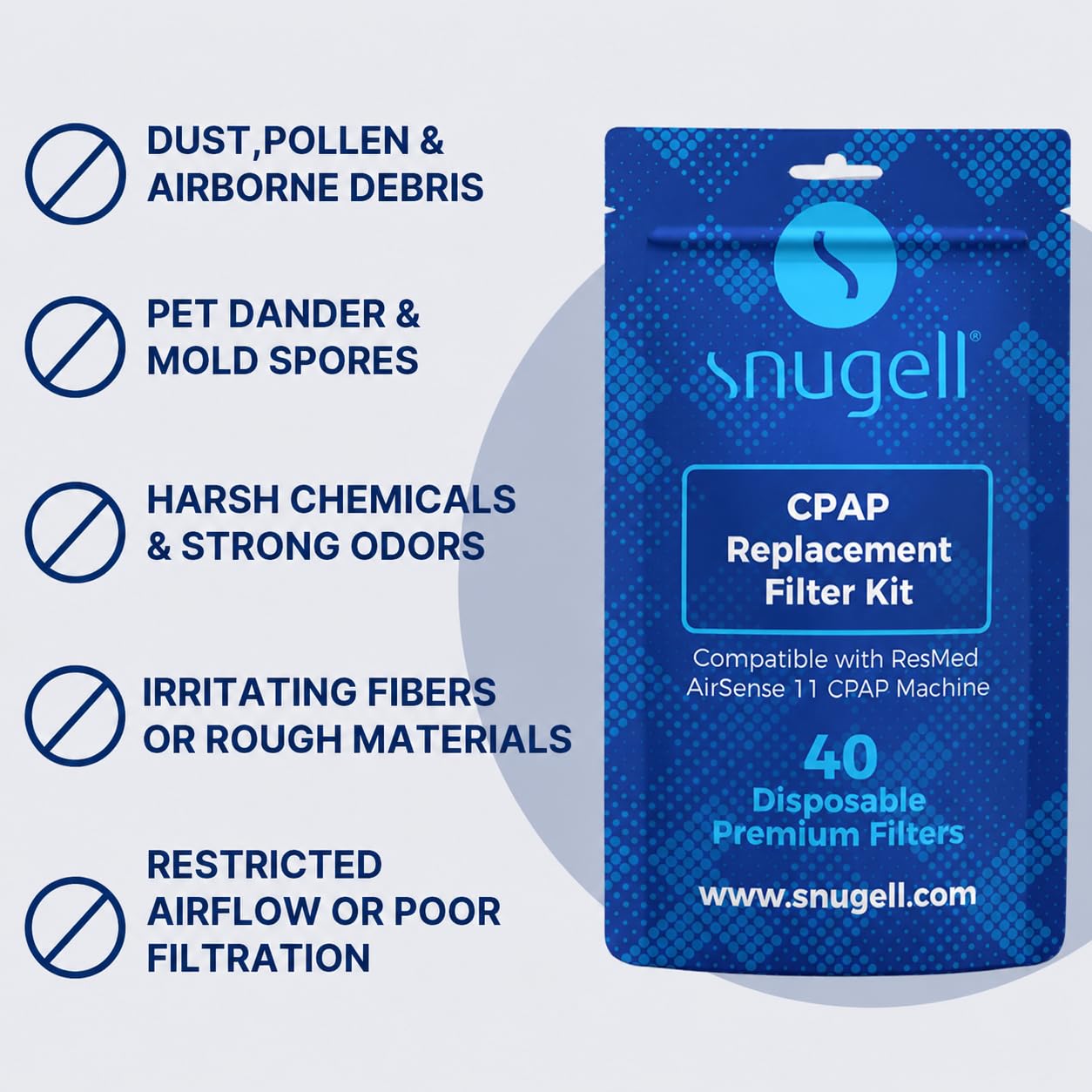 Snugell Disposable CPAP Filters – Compatible with AirSense 11 Machines – 40 -Pack – Travel-Friendly Design, and Easy Installation for Home and Travel Use