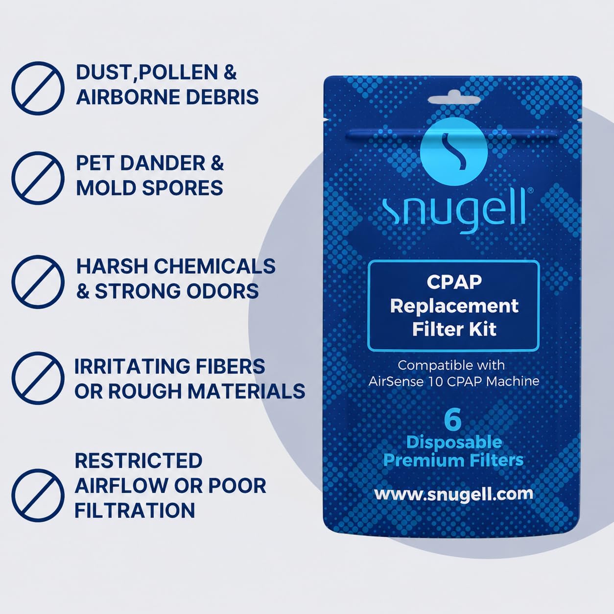 Snugell Disposable CPAP Filters -Compatible with ResMed AirSense 10, AirCurve 10 & S9 Series - Ideal for Home and Travel Use –Easy to Install for Superior Air Filtration & Cleaner Breathing - Available in 6-Pack and 52-Pack
