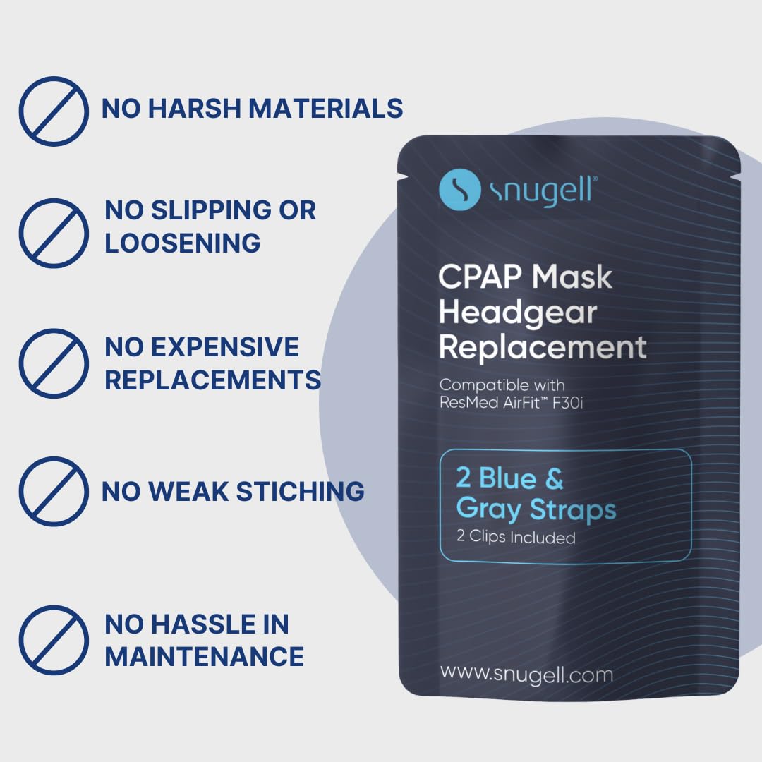 Snugell CPAP Strap Replacement for Airfit ResMed F30i Headgear Full Face Mask – 2-Pack Gray/Blue– Includes Clips
