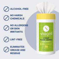 CPAP Mask Wipes by Snugell (70 Count) - 100% Soft Cotton - Lint & Alcohol Free - Skin Safe with Aloe Vera - Easy Opening Canister - For Cleaning CPAP Mask, Tube and Devices