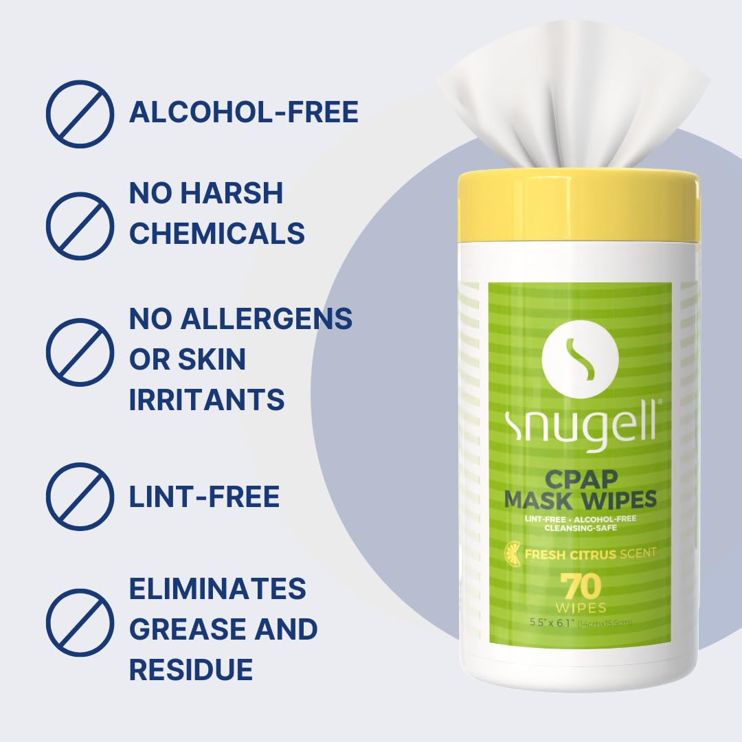 CPAP Mask Wipes by Snugell (70 Count) - 100% Soft Cotton - Lint & Alcohol Free - Skin Safe with Aloe Vera - Easy Opening Canister - For Cleaning CPAP Mask, Tube and Devices