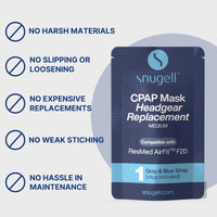 Snugell AirFit F20 Replacement Headgear for Full Face CPAP Mask (1-Pack) – Clips Included – Elastic Nylon –Gray/Blue Color - in Medium and Large Size