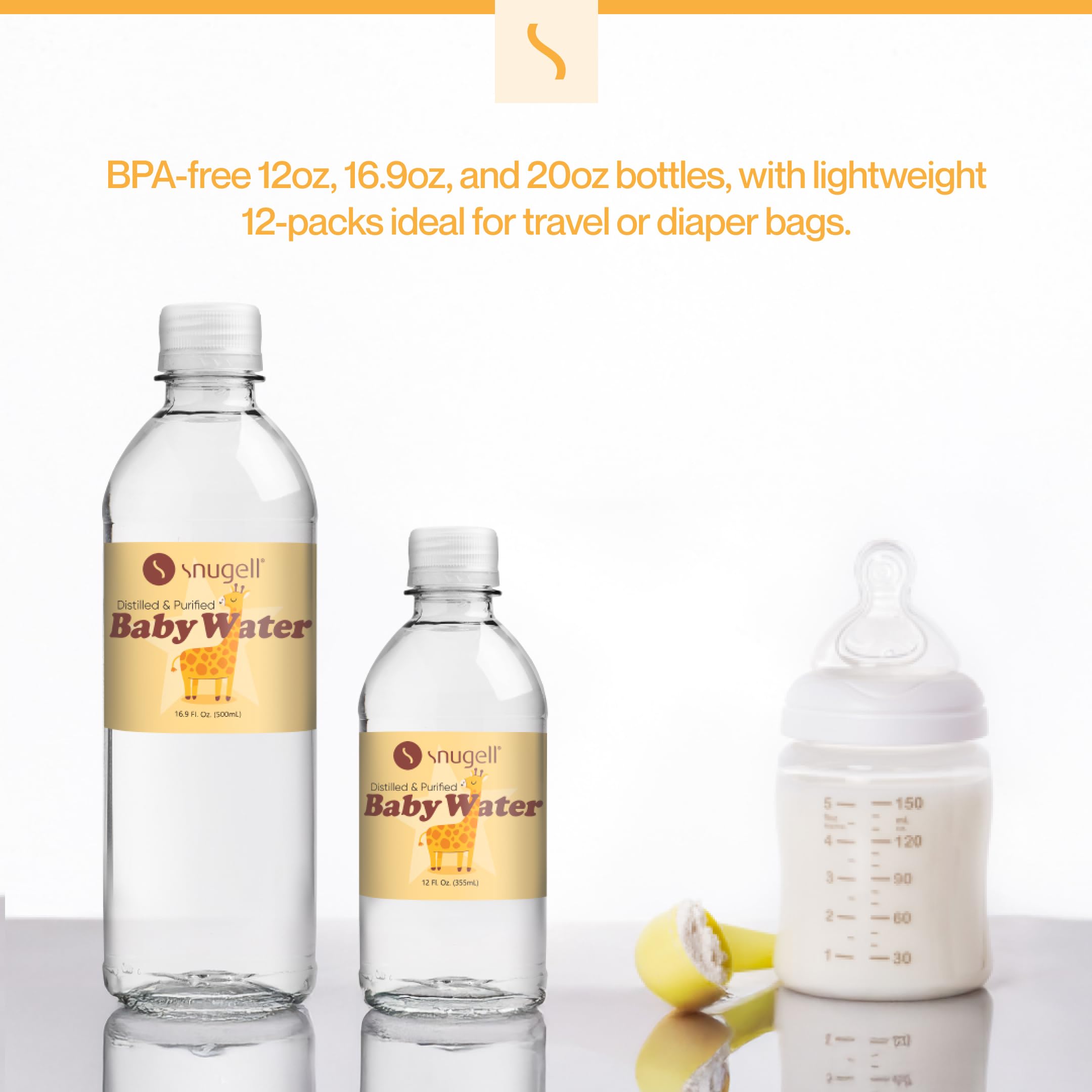 Snugell Bottled Distilled Water for Baby Care – Ultra-Pure, BPA-Free, Ideal for Formula Mixing, Bottle Sterilizing & Everyday Hydration – Safe Nursery Water for Babies – Made in USA (20oz 6-Pack)