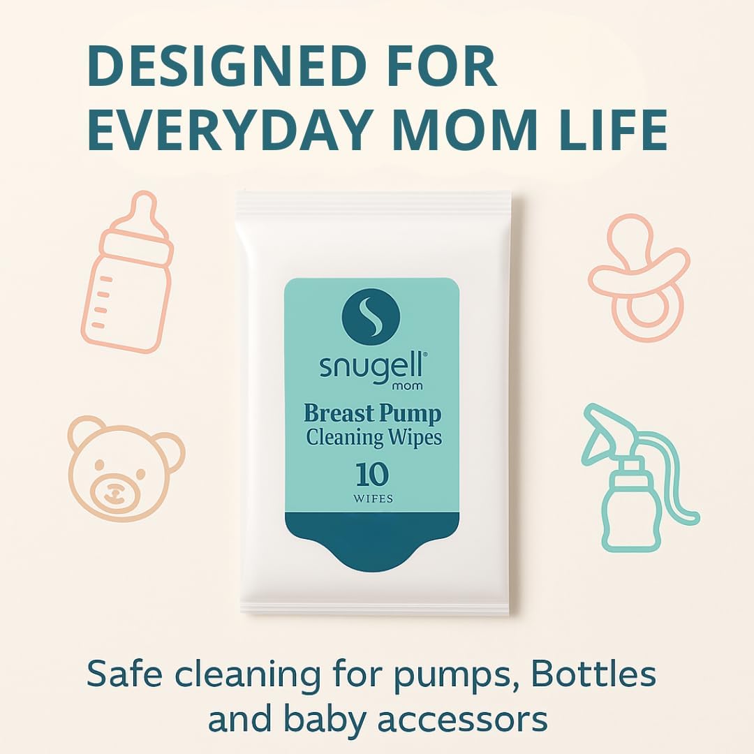 Snugell Breast Pump Cleaning Wipes – 10 Wipes per Sachet, 12 Sachets per Box – Alcohol-Free, Lint-Free, Unscented, Safe for Pump Parts, Shields, Bottles, and Accessories – Travel-Friendly