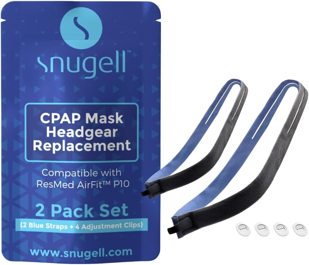 Replacement Headgear Strap for ResMed AirFit P10 Nasal Pillow CPAP Mask - Blue (2-Pack) with 4 Adjustment Clips