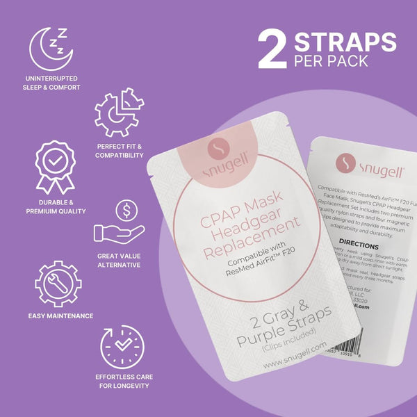 Replacement Straps for AirFit ResMed F20 CPAP Mask (2-Pack) - Purple and Gray - Standard & Large