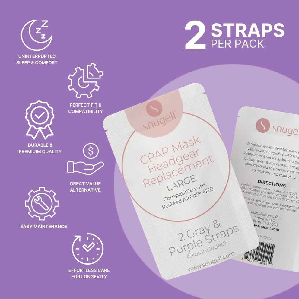 Replacement Straps for AirFit ResMed N20 CPAP Mask (2-Pack) - Purple and Gray - Standard & Large