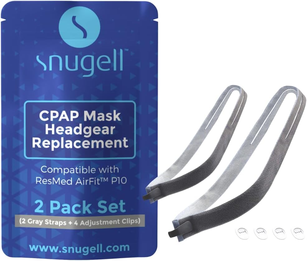 Replacement Headgear Strap for ResMed AirFit P10 Nasal Pillow CPAP Mask - Gray (2-Pack) with 4 Adjustment Clips