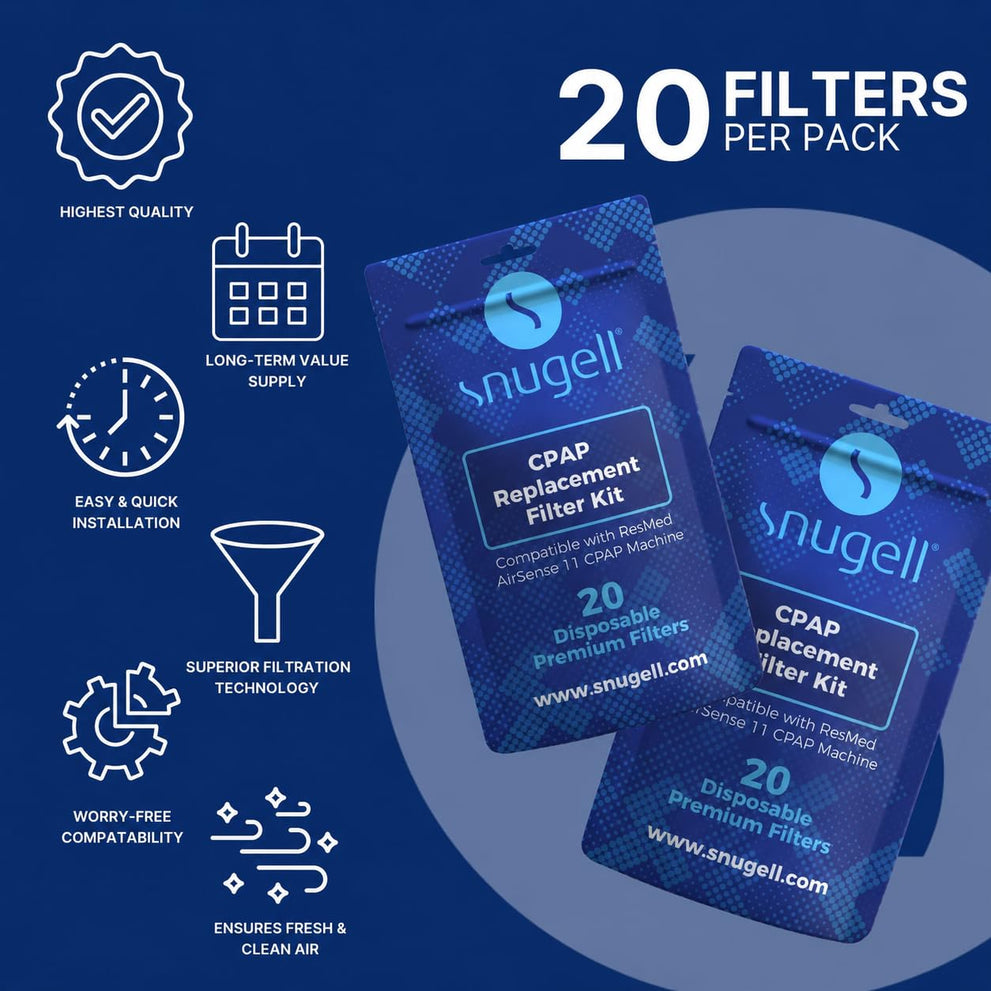 Snugell Disposable CPAP Filters – Compatible with AirSense 11 Machines – 20 -Pack – Travel-Friendly Design, and Easy Installation for Home and Travel Use