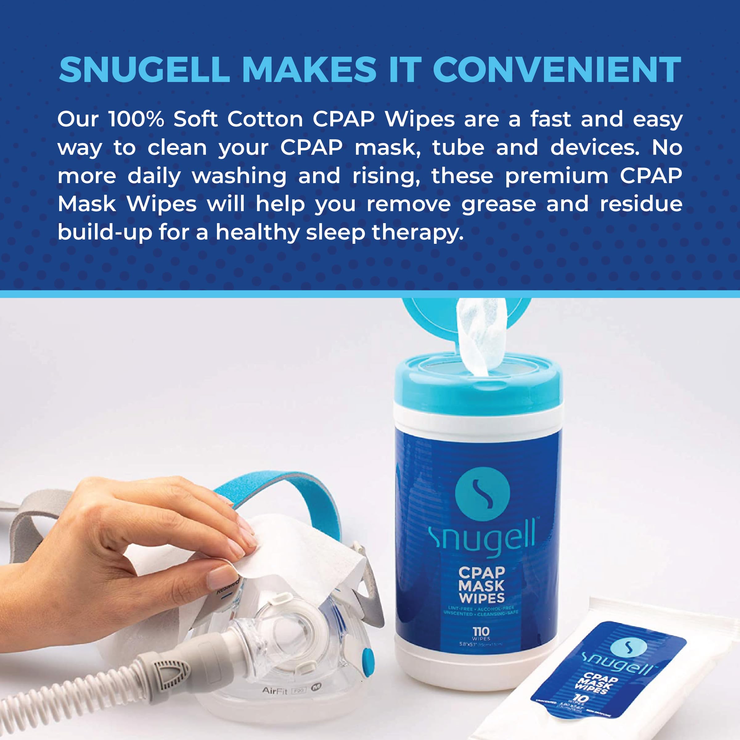 CPAP Mask Wipes by Snugell - Unscented (1 Canister, 110 Count)