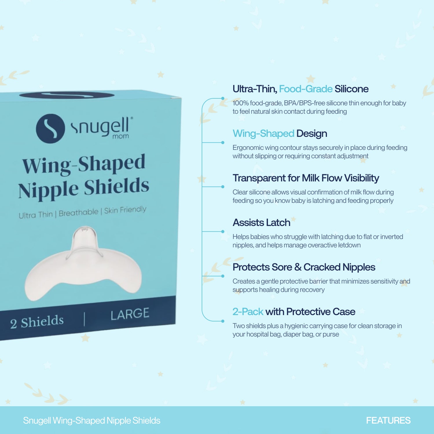 Snugell Wing-Shaped Nipple Shields| Ultra-Thin Silicone Shields for Nursing | 2-Pack with Protective Case | Designed for Use with Flat or Inverted Nipples