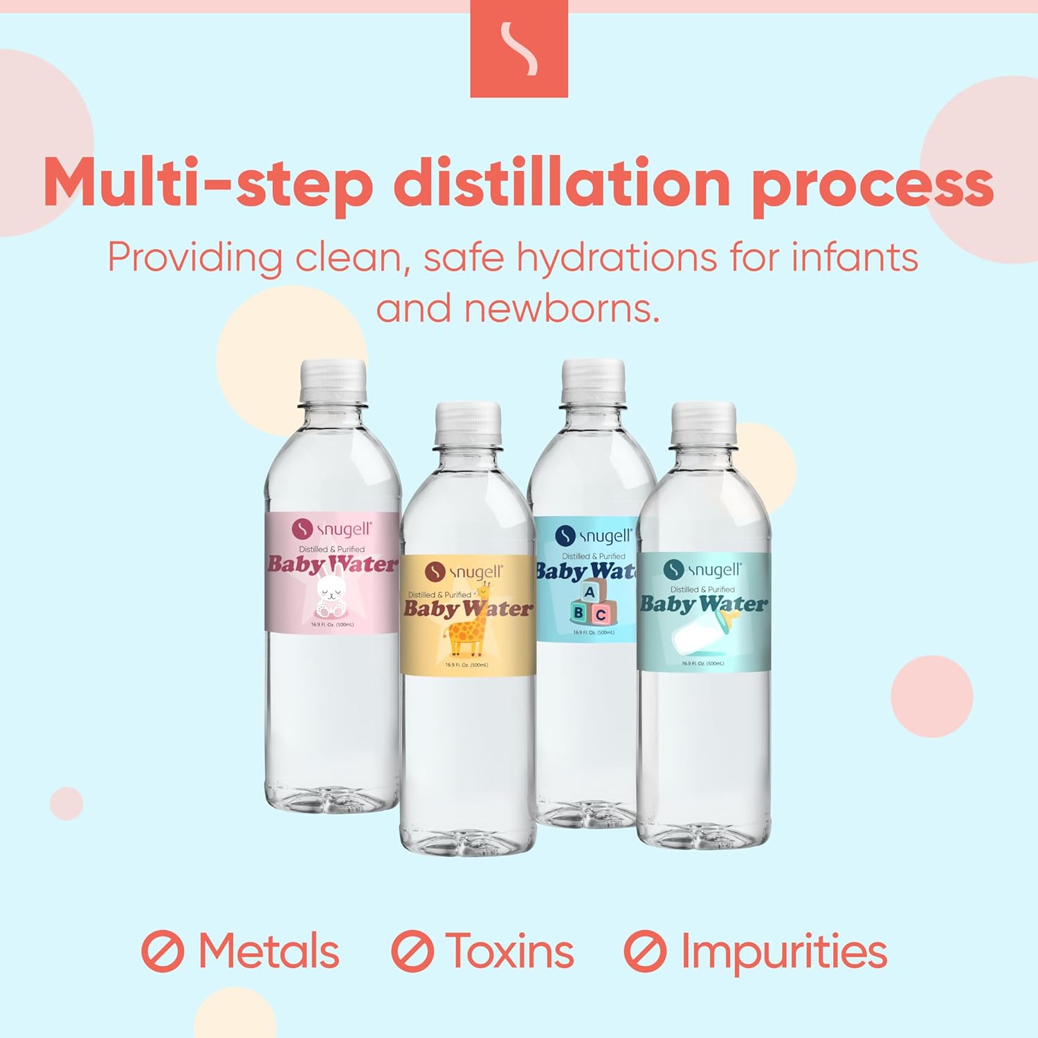 Snugell Baby Distilled Water undergoes a multi-step distillation process to remove impurities, ensuring 100% pure, mineral-free water for baby formula and medical use.