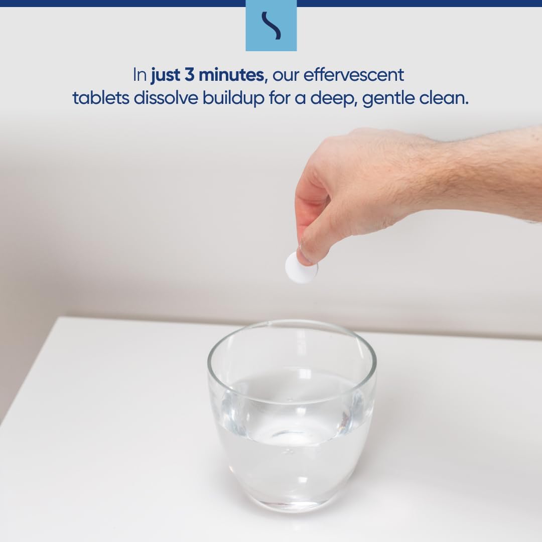 Snugell CPAP Cleaning Tablets dissolving in water, creating a powerful yet gentle solution to remove dirt, oils, and residues from CPAP accessories.