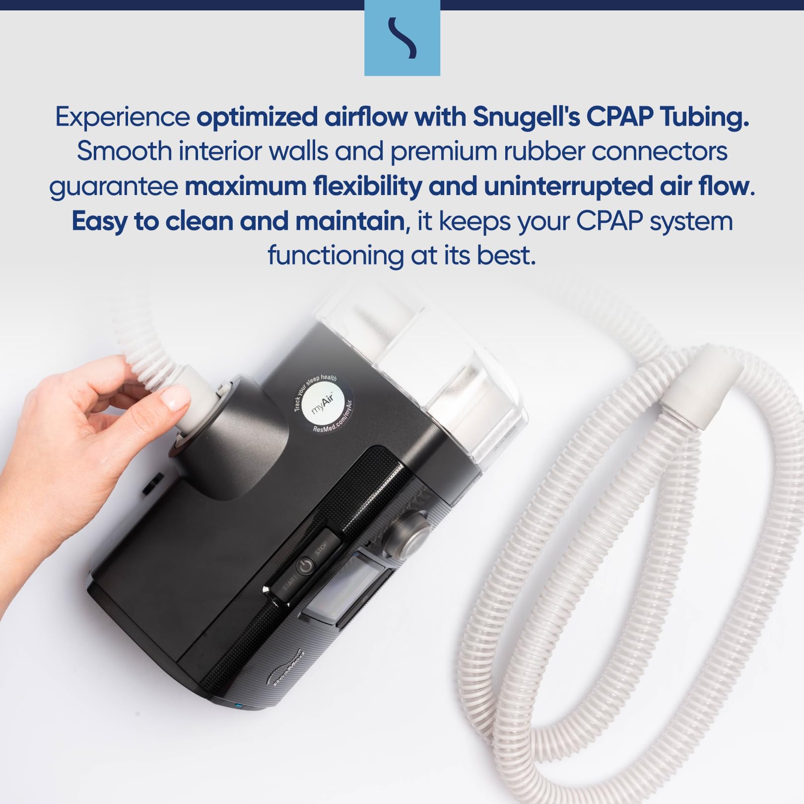 Snugell's CPAP Tubing with smooth interior walls for uninterrupted airflow, minimizing mask leaks and enhancing breathing comfort