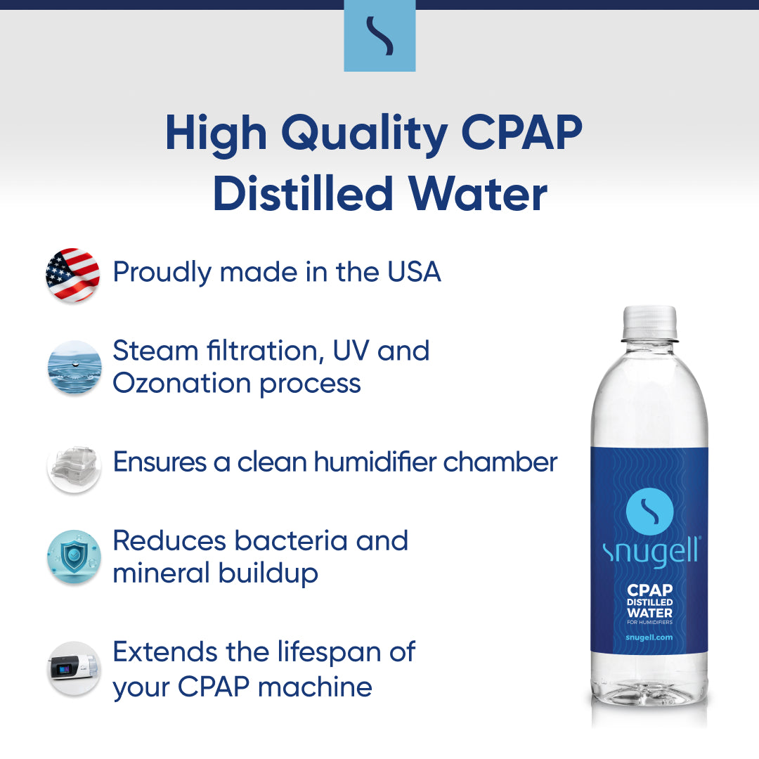 Trust Snugell CPAP Distilled Water – crafted in the USA with steam filtration, UV, and ozonation for high purity. Protects CPAP humidifier chambers from harmful bacteria and mineral deposits for a long-lasting experience.