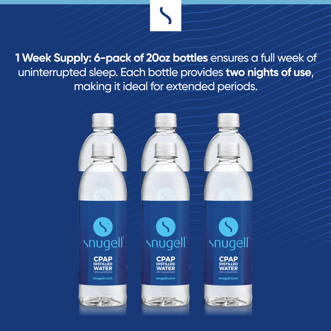 Snugell Distilled Water 6-pack (20oz) provides a one-week CPAP supply, ensuring clean and mineral-free humidifier water for optimal therapy