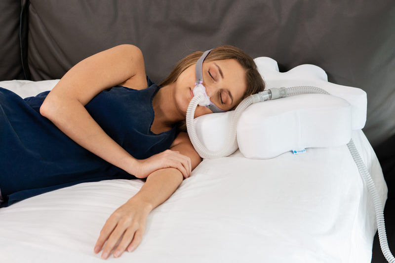 Side sleeping view woman using of Airfit P10 Headgear Strap 