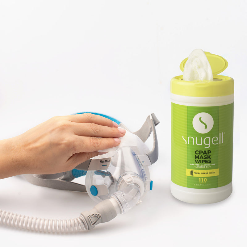 In use image of the  Citrus CPAP Mask Wipes by Snugell