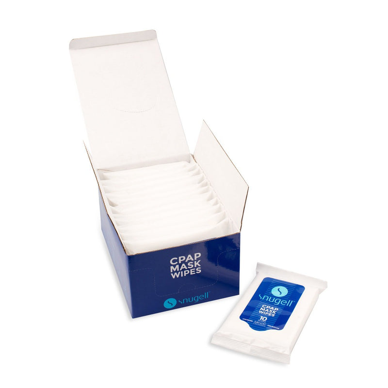 Open box that contains 12 CPAP Mask Wipes Travel Sachets by Snugell