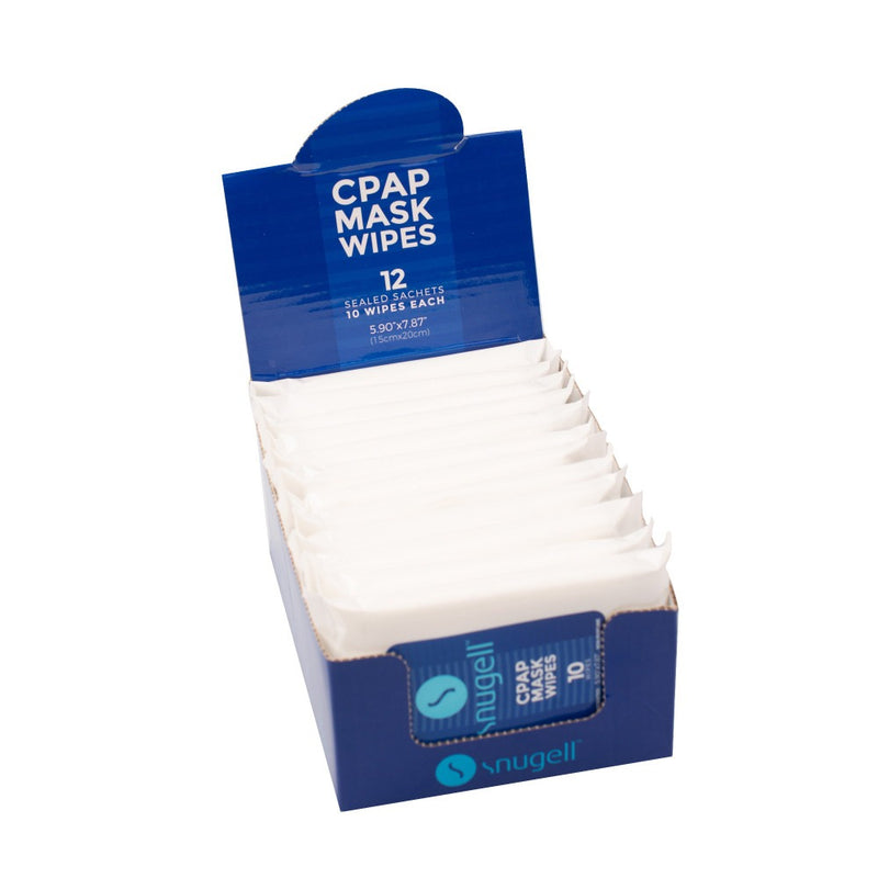 Open box that contains 12 sachets of the CPAP Travel Wipes by Sngell