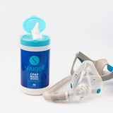 Open CPAP Mask Wipes by Snugell canister with a Resmed facemask. 