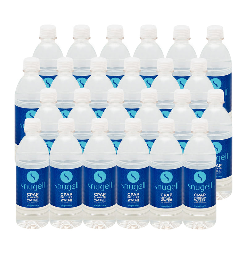 Front view of 24 16.9oz distilled water bottles by Snugell