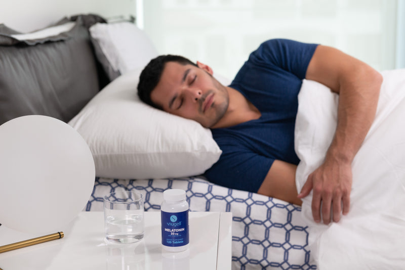 User comfortably asleep after taking the 20 mg melatonin supplements by Snugell